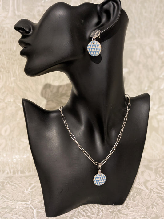 Blue and White Triangle Print  Earring and Necklace Set