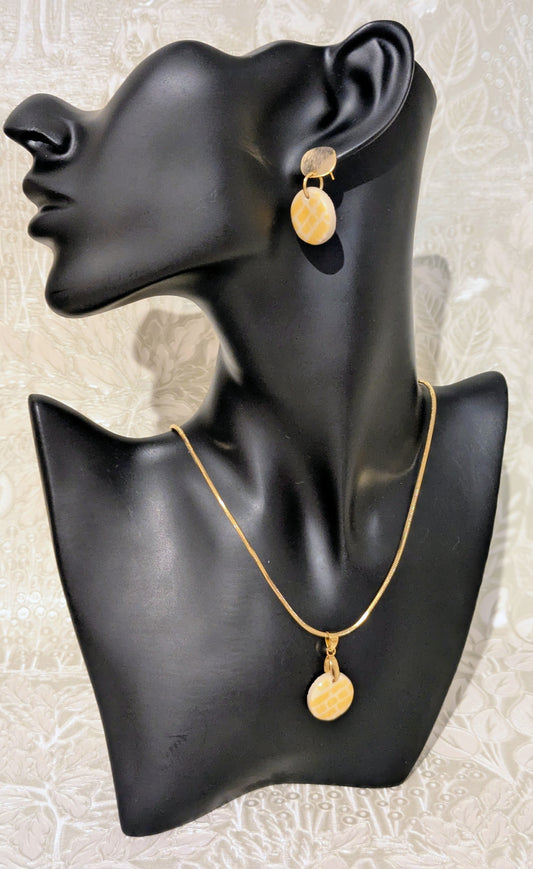 Yellow and White Mono Print  Earring and Necklace Set